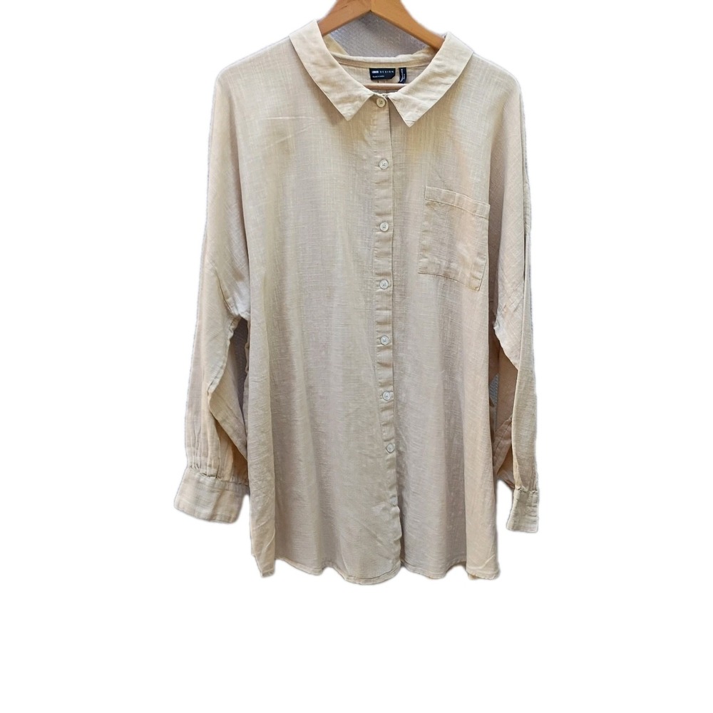 ASOS Design Womens Blouse Long Sleeve Button Front Pocket Beige Size 16 Cotton